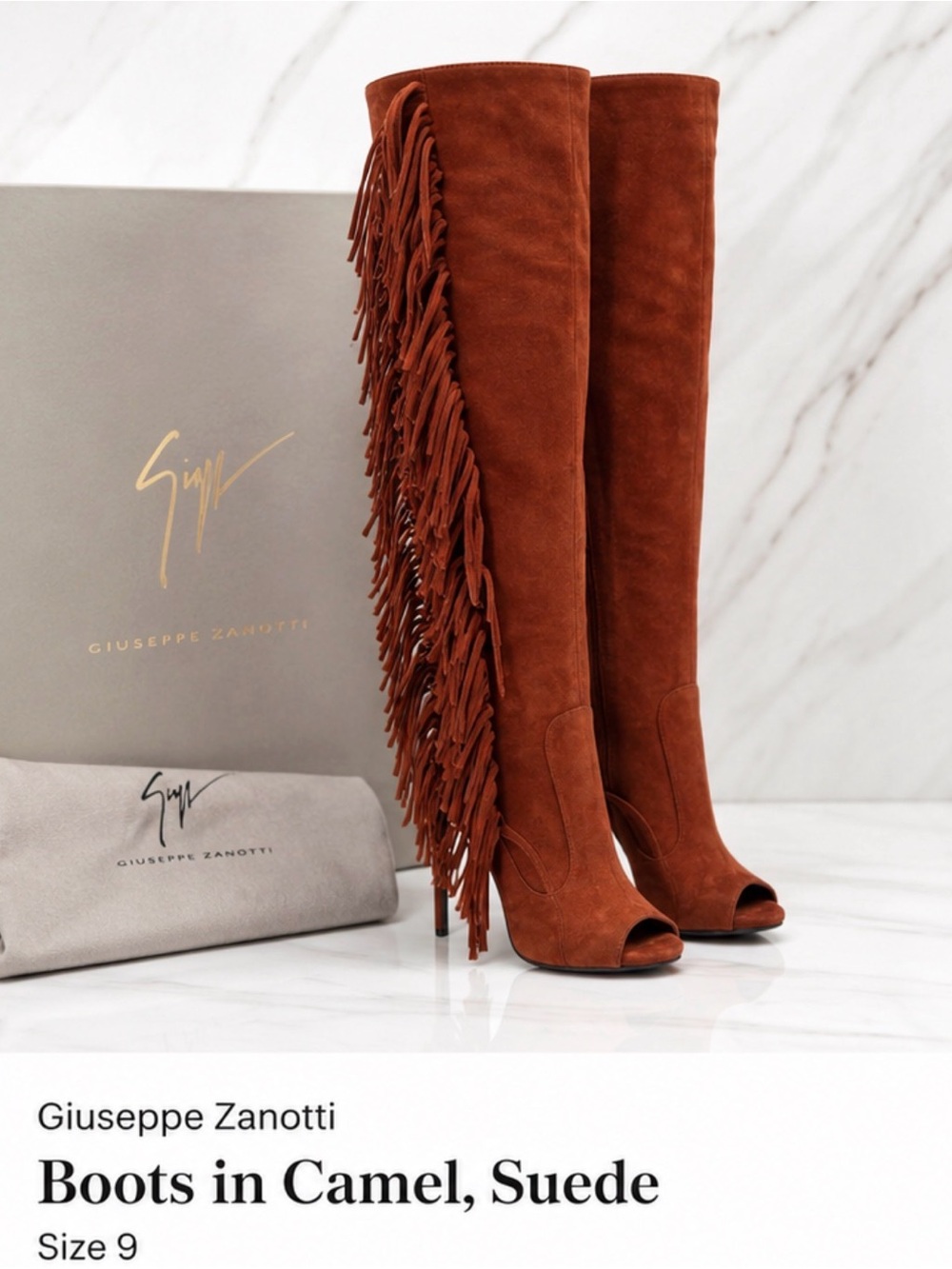 Giuseppe Zanotti Rust Suede Fringe Boots Size 39 Luxury Statement Heels